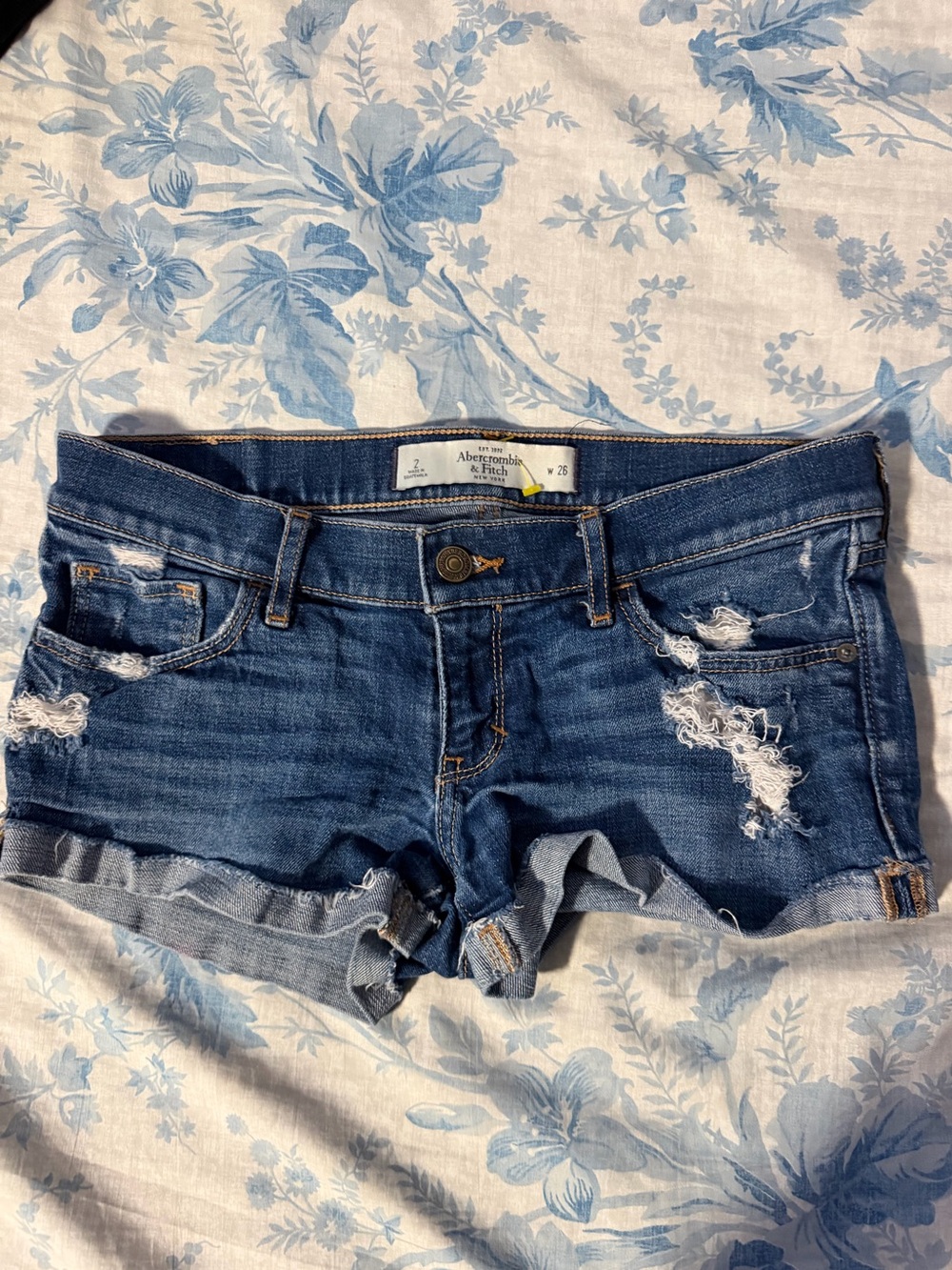 Abercrombie & Fitch Women's Dark Blue Distressed Denim Shorts